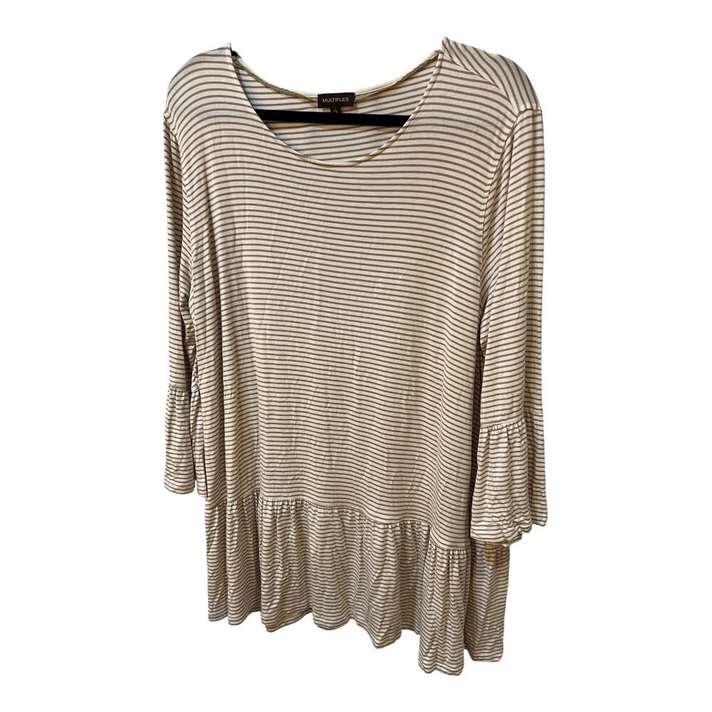 Multiples Beige & Cream Striped Ruffle Tunic Top Size XL Rayon Spandex Stretchy